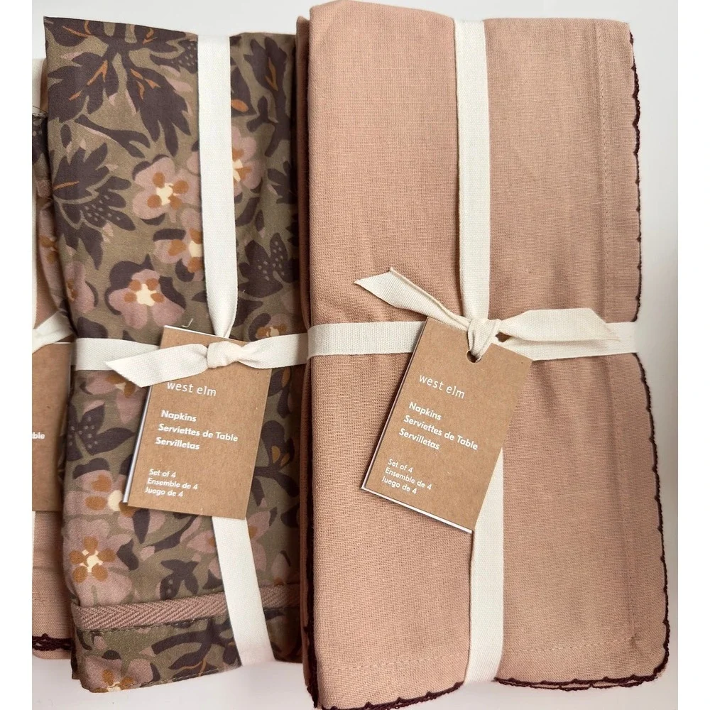 West Elm Napkins, Set of 16, Blake Floral & Picot Edge Burgundy NWT, Retail $176